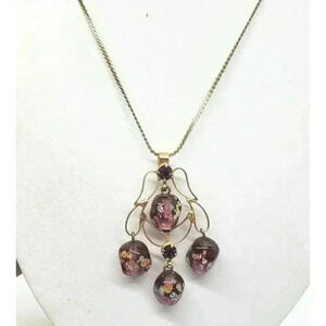 Vintage MCM Japanese Tombo Millefiori Art Glass Bead Necklace 14k Gold Plate